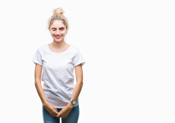 Młoda Piękna Kobieta Blonde Noszenie Shirt Biały Białym Tle Mrugając — Zdjęcie stockowe