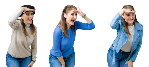 Collage Einer Schönen Frau Mittleren Alters Vor Isoliertem Hintergrund Sehr — Stockfoto