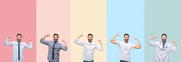 Collage Stilig Man Över Färgglada Ränder Isolerad Bakgrund Visar Armar — Stockfoto