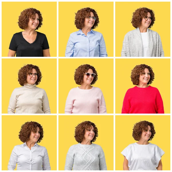 Collage Middle Age Senior Woman Yellow Isolated Background Looking Away — Stock Photo, Image