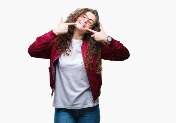 Beautiful Brunette Curly Hair Young Girl Wearing Jacket Glasses Isolated — Stock Photo, Image