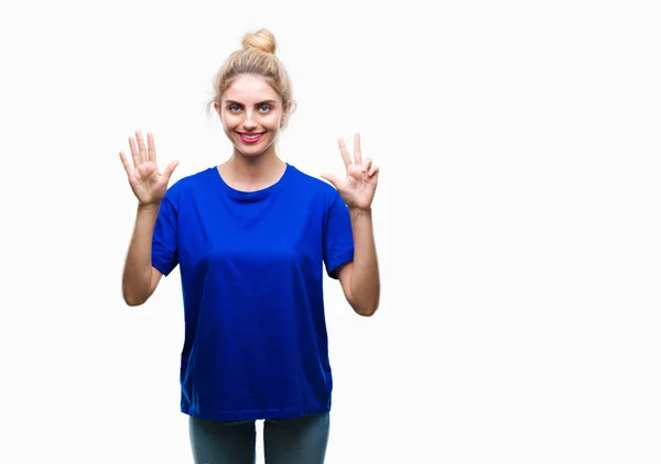 Jovem Linda Loira Azul Olhos Mulher Vestindo Azul Shirt Sobre — Fotografia de Stock