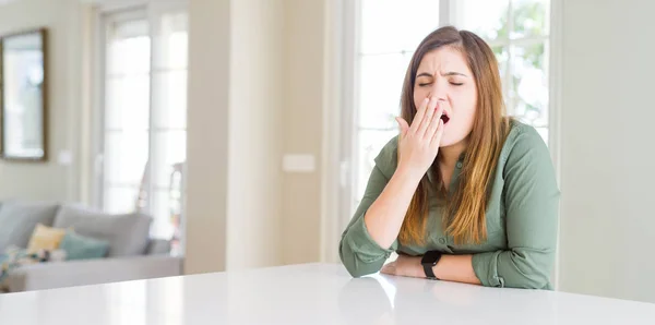 Beautiful Young Woman Home Bored Yawning Tired Covering Mouth Hand — Stock Photo, Image