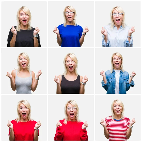 Collage Vackra Blonda Kvinnan Bär Differents Casual Ser Över Isolerade — Stockfoto