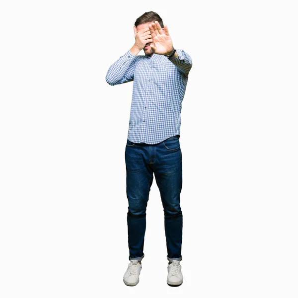 Handsome Business Man Blue Eyes Covering Eyes Hands Doing Stop — Stock Photo, Image
