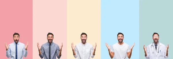 Collage Bel Homme Sur Des Rayures Colorées Fond Isolé Célébrant — Photo
