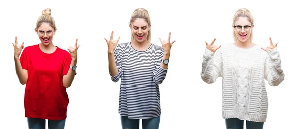 Collage Young Beautiful Blonde Woman Isolated Background Shouting Crazy Expression — Stock Photo, Image