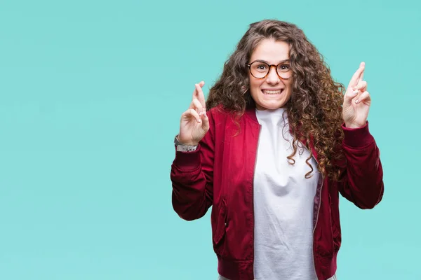 Beautiful Brunette Curly Hair Young Girl Wearing Jacket Glasses Isolated — Stock Photo, Image