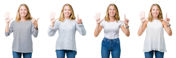 Collage Vacker Blond Kvinna Över Vit Isolerade Bakgrund Visar Och — Stockfoto