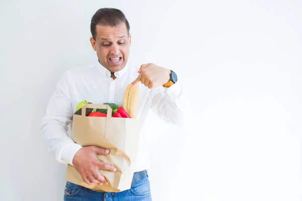 Middle Age Man Holding Groceries Shopping Bag White Background Very — Stock Photo, Image