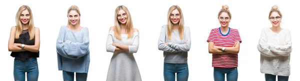 Collage Van Jonge Mooie Blonde Vrouw Geïsoleerde Achtergrond Blij Gezicht — Stockfoto