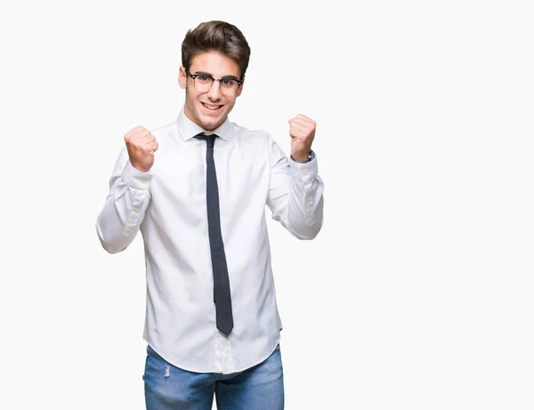 Joven Hombre Negocios Con Gafas Sobre Fondo Aislado Celebrando Sorprendido —  Fotos de Stock