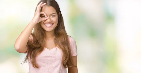 Jonge Mooie Brunette Vrouw Roze Shirt Dragen Geïsoleerde Achtergrond Doen — Stockfoto