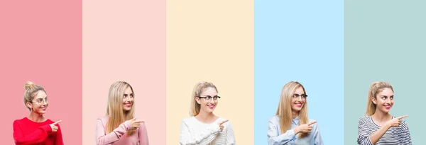 Colagem Jovem Bela Mulher Loira Sobre Fundo Colorido Colorido Isolado — Fotografia de Stock