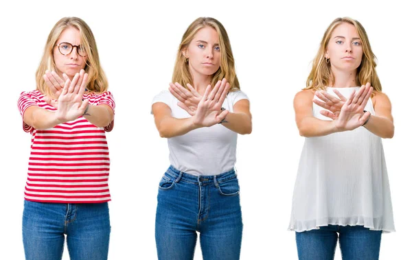 Collage Hermosa Mujer Rubia Sobre Fondo Blanco Aislado Expresión Rechazo —  Fotos de Stock