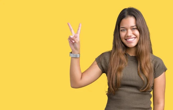 Jovem Bela Mulher Morena Sobre Fundo Isolado Sorrindo Com Rosto — Fotografia de Stock