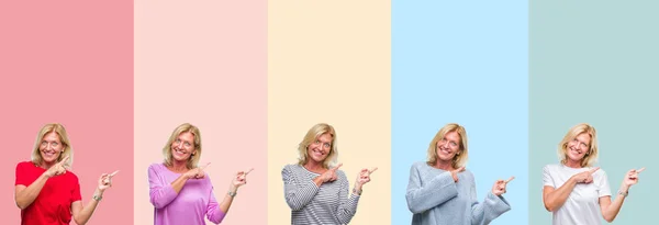 Collage Mediana Edad Anciano Hermosa Mujer Sobre Rayas Colores Fondo — Foto de Stock