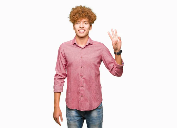 Joven Hombre Negocios Guapo Con Pelo Afro Mostrando Apuntando Hacia — Foto de Stock