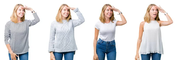 Collage Vacker Blond Kvinna Över Vit Isolerad Bakgrund Mycket Glad — Stockfoto