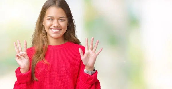 Młoda Piękna Kobieta Brunetka Sobie Sweter Zimowy Czerwony Białym Tle — Zdjęcie stockowe