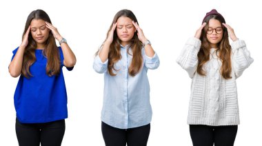 Güzel genç kadın kolaj izole arka plan baş baş ağrısı için el ile çünkü stres. Migren muzdarip.