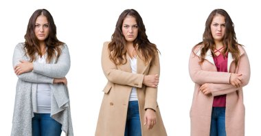 Izole arka plan şüpheci ve sinir üzerinde kış ceket giyen güzel artı boyutu kadın kolaj, çapraz kolları ile yüzünde ifade onaylamayan. Negatif kişi.