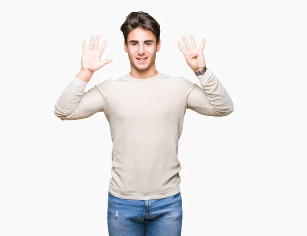 Young Handsome Man Isolated Background Showing Pointing Fingers Number Nine — Stock Photo, Image