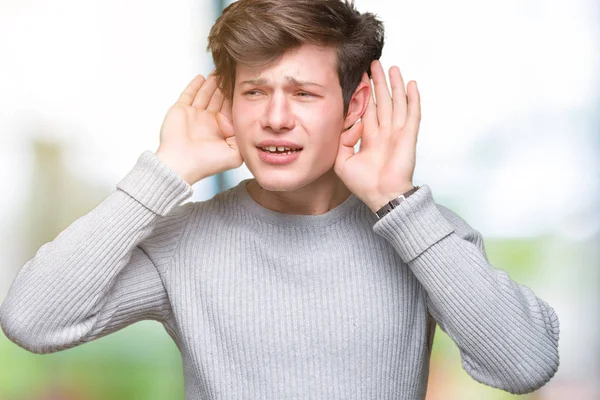 Joven Hombre Guapo Usando Suéter Invierno Sobre Fondo Aislado Tratando — Foto de Stock