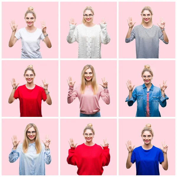 Collage Giovane Bella Donna Bionda Sfondo Rosa Isolato Mostrando Indicando — Foto Stock