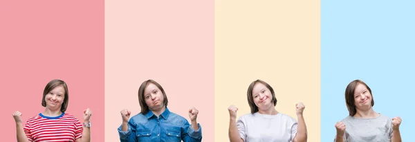 Коллаж Синдрома Дауна Женщина Над Красочными Полосами Изолированный Фон Счастливый — стоковое фото