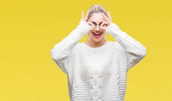 Jovem Mulher Loira Bonita Usando Óculos Sobre Fundo Isolado Fazendo — Fotografia de Stock