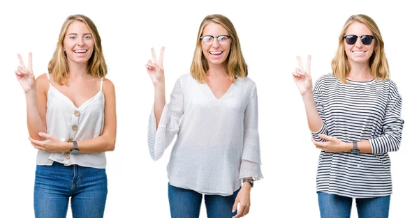 Collage Einer Schönen Blonden Frau Auf Weißem Isoliertem Hintergrund Die — Stockfoto