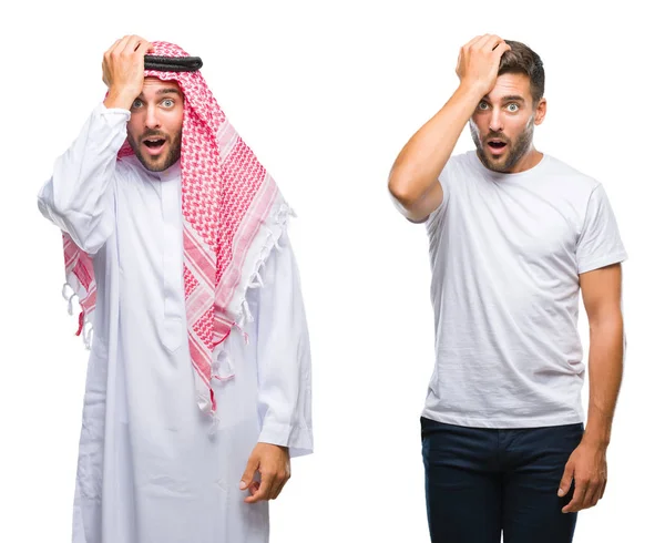Koláž Hezkého Mladého Muže Arabského Muže Nad Izolovaným Pozadím Překvapena — Stock fotografie