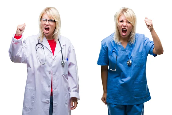 Colagem Médico Enfermeira Mulher Sobre Fundo Isolado Branco Irritado Louco — Fotografia de Stock