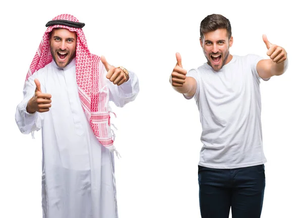ハンサムな若者とアラブ人のコラージュは 手で肯定的なジェスチャーを行うことを承認する孤立した背景の上に 笑顔と成功のために幸せ カメラを見て 勝者のジェスチャー — ストック写真