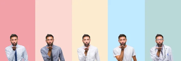 Collage Handsome Man Colorful Stripes Isolated Background Looking Camera Blowing — Foto Stock