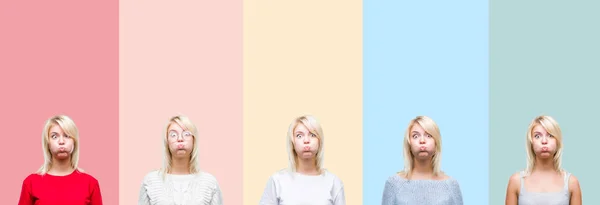 Koláž Krásná Blondýnka Barevné Pruhy Izolované Pozadí Nafoukla Tváře Legrační — Stock fotografie