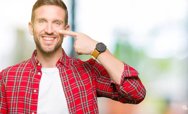 Handsome Man Wearing Casual Shirt Pointing Hand Finger Face Nose — Stock Photo, Image