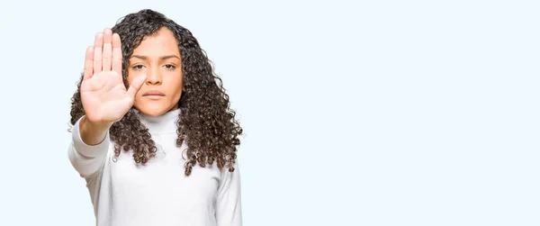 Young Beautiful Woman Curly Hair Wearing Turtleneck Sweater Doing Stop — Stock Photo, Image