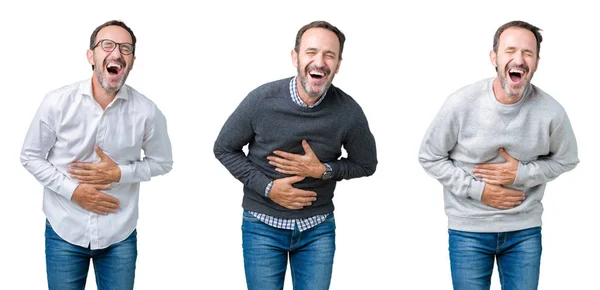 Colagem Homem Sênior Bonito Sobre Fundo Isolado Branco Sorrindo Rindo — Fotografia de Stock