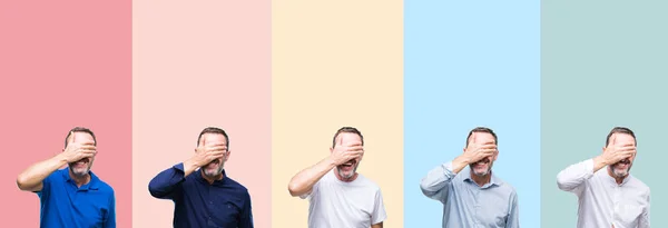 Collage Sénior Saindoux Homme Sur Des Rayures Colorées Fond Isolé — Photo