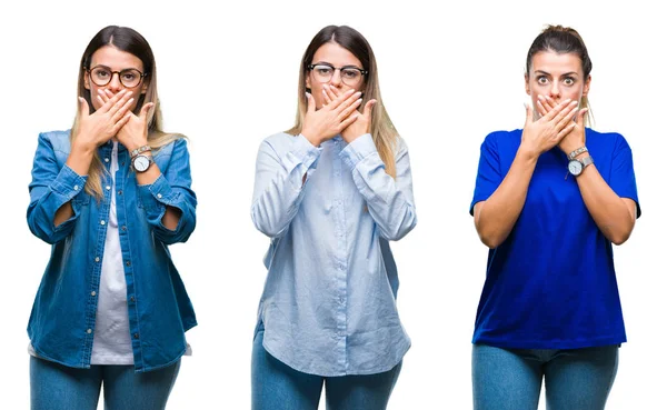 Collage Joven Hermosa Mujer Con Gafas Sobre Fondo Aislado Impactó —  Fotos de Stock