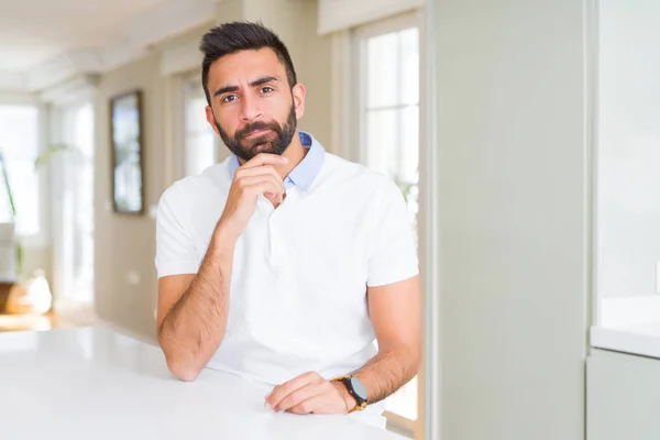 Handsome Hispanic Man Casual White Shirt Home Hand Chin Thinking — Stock Photo, Image