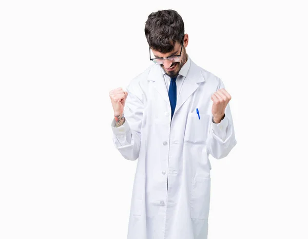Junger Wissenschaftler Weißen Mantel Über Isoliertem Hintergrund Sehr Glücklich Und — Stockfoto