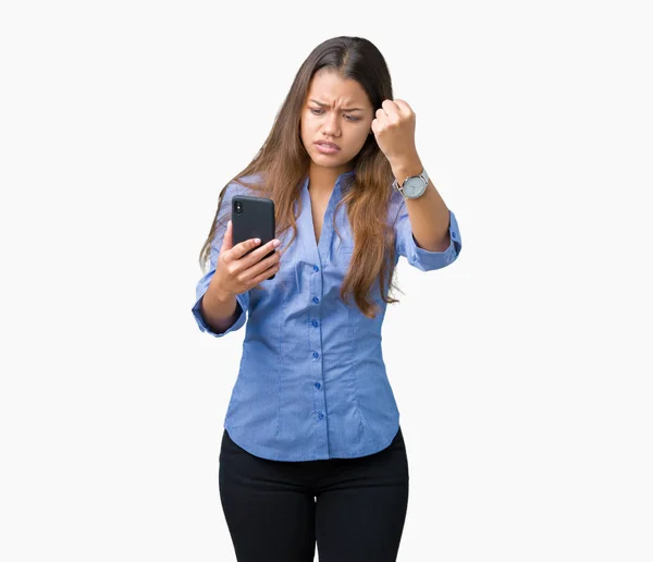 Young Beautiful Brunette Business Woman Using Smartphone Isolated Background Annoyed — Stock Photo, Image