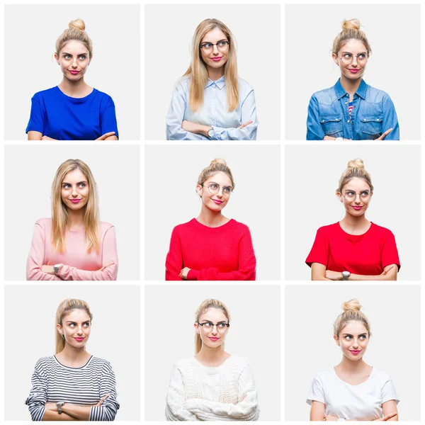 Collage Ung Vacker Blond Kvinna Över Vit Isolerad Bakgrund Leende — Stockfoto