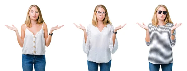 Collage Hermosa Mujer Rubia Sobre Fondo Blanco Aislado Expresión Despistada — Foto de Stock