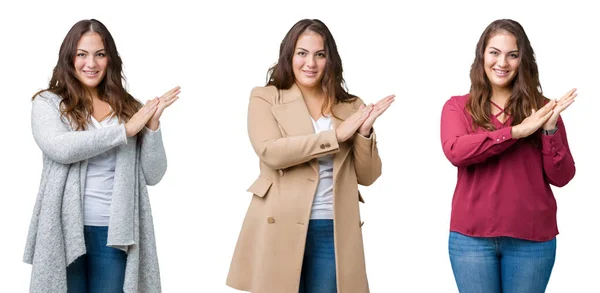 Collage Van Mooie Grootte Vrouw Geïsoleerde Achtergrond Clapping Applaudisseren Samen — Stockfoto