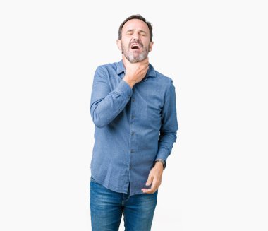 Yakışıklı orta yaş zarif komuta sizde izole üzerinde arka plan ağrılı boyun, boğaz gribi, kesek ve enfeksiyon için dokunaklı