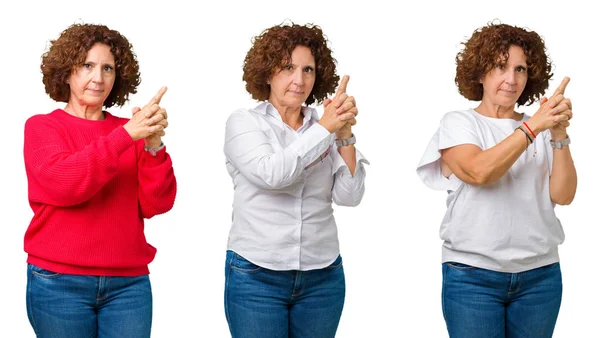 Collage of middle age senior woman over white isolated background Holding symbolic gun with hand gesture, playing killing shooting weapons, angry face